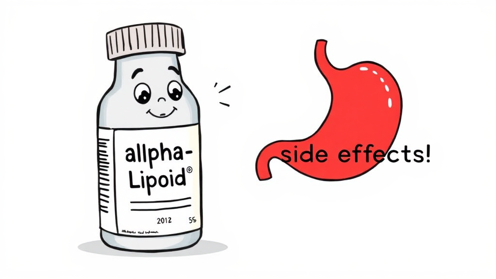 알파리포산 부작용 및 주의사항 (illustration 스타일)