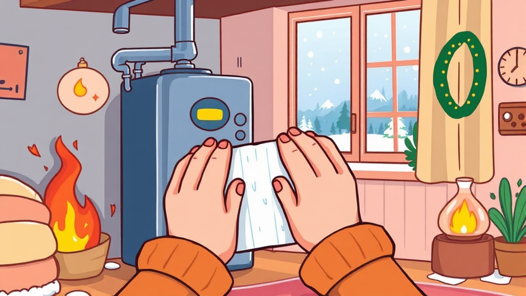 난방비 절약 꿀팁: 실내 온도 유지부터 보일러 관리 A to Z 6 보일러 점검 및 배관 청소 (cartoon 스타일)